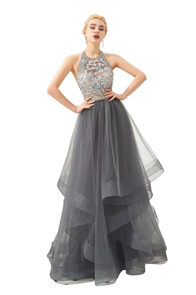 Halter Beadings Aline Tulle Layers Prom Dress Sleeveless Evening Dress