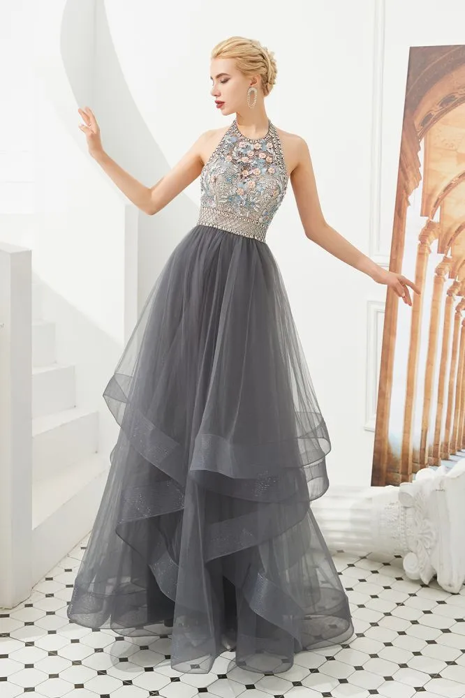 Halter Beadings Aline Tulle Layers Prom Dress Sleeveless Evening Dress