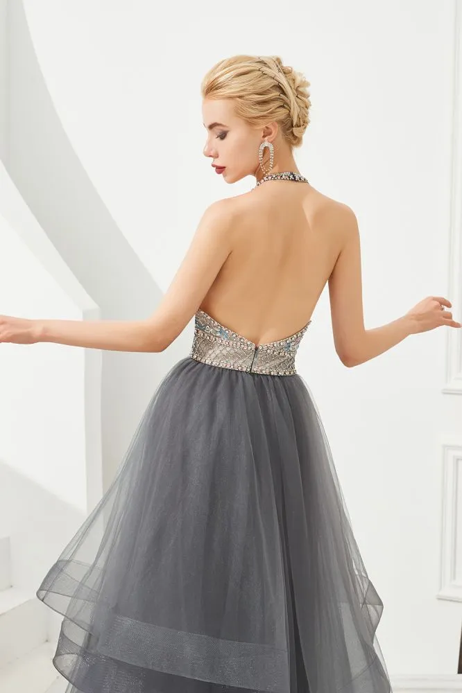 Halter Beadings Aline Tulle Layers Prom Dress Sleeveless Evening Dress