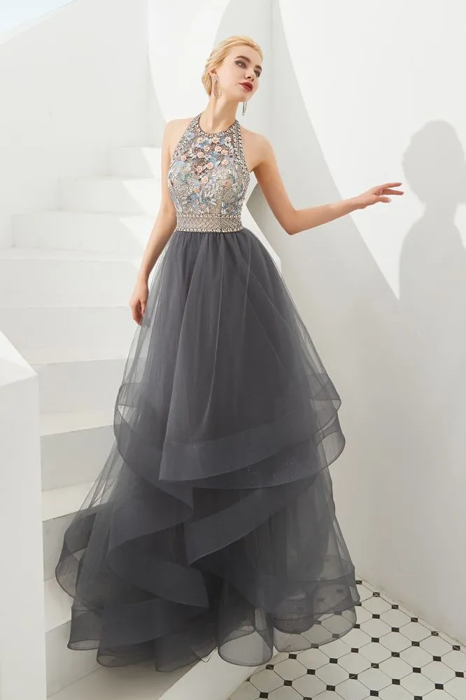 Halter Beadings Aline Tulle Layers Prom Dress Sleeveless Evening Dress