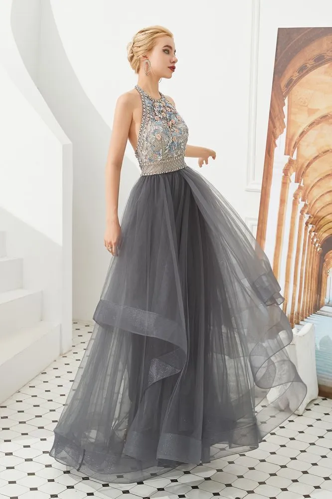 Halter Beadings Aline Tulle Layers Prom Dress Sleeveless Evening Dress