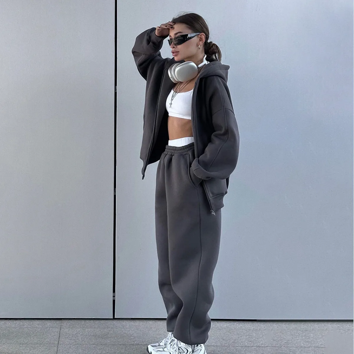 Hooded Polar Fleece Cardigan Sweater Two Piece Jogger Set