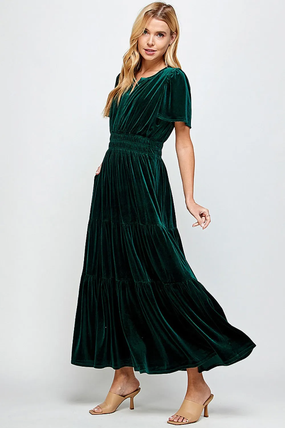 Hunter Green Velvet Tiered Midi Dress