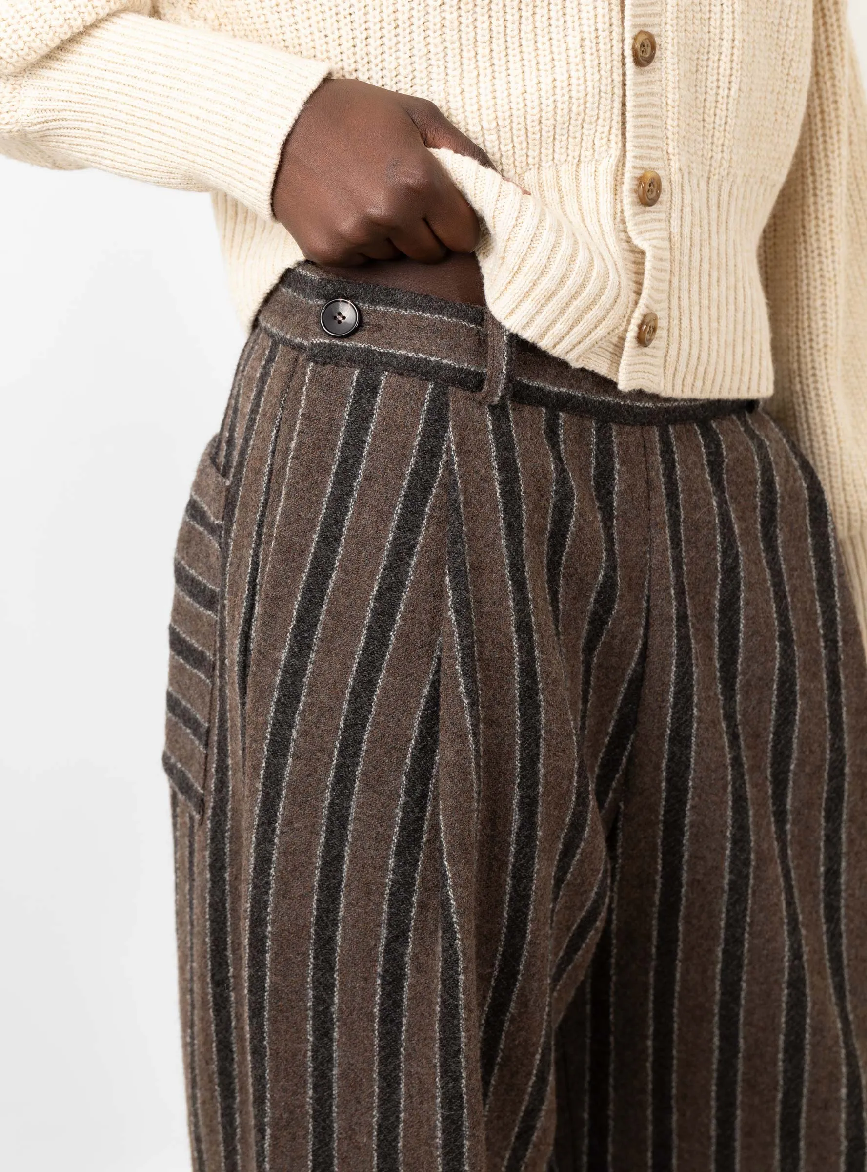 Japanese Boucle Striped Wool Georgia Trouser Brown Charcoal