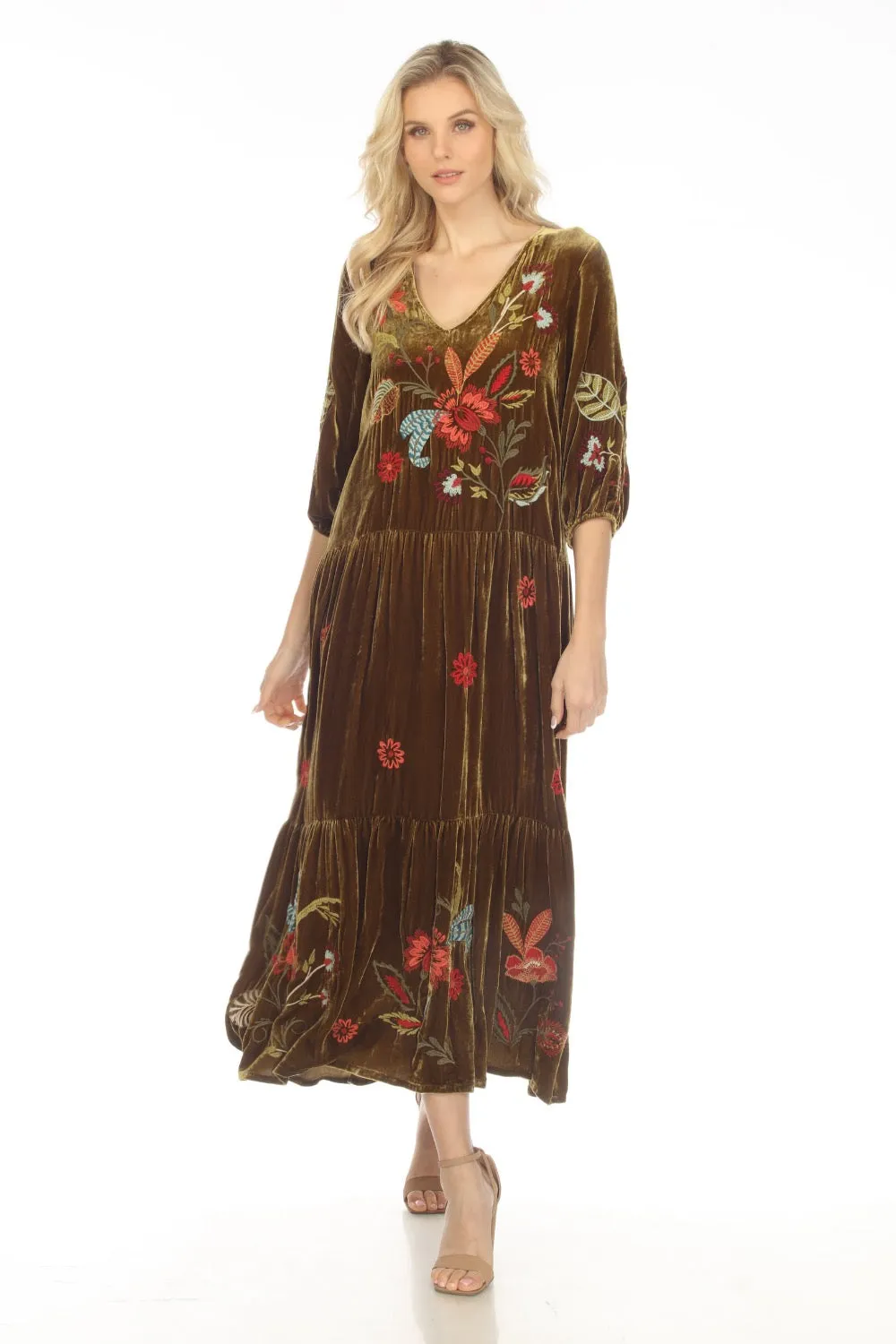 Johnny Was JWLA Isabella Velvet Embroidered Tiered Maxi Dress Boho Chic J39523 *