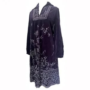 Kate Beaver designer vintage 1970s boho purple velvet hand-printed smock dress