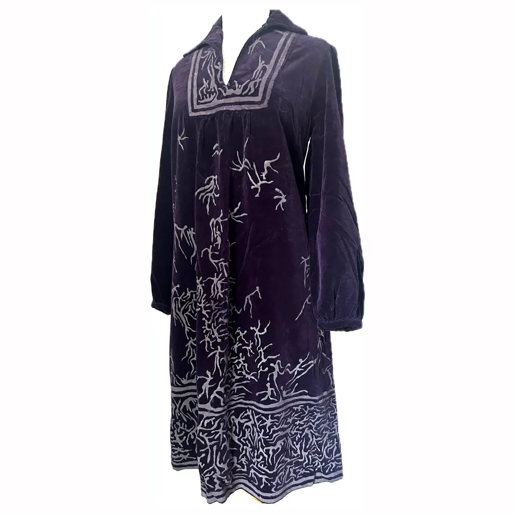 Kate Beaver designer vintage 1970s boho purple velvet hand-printed smock dress