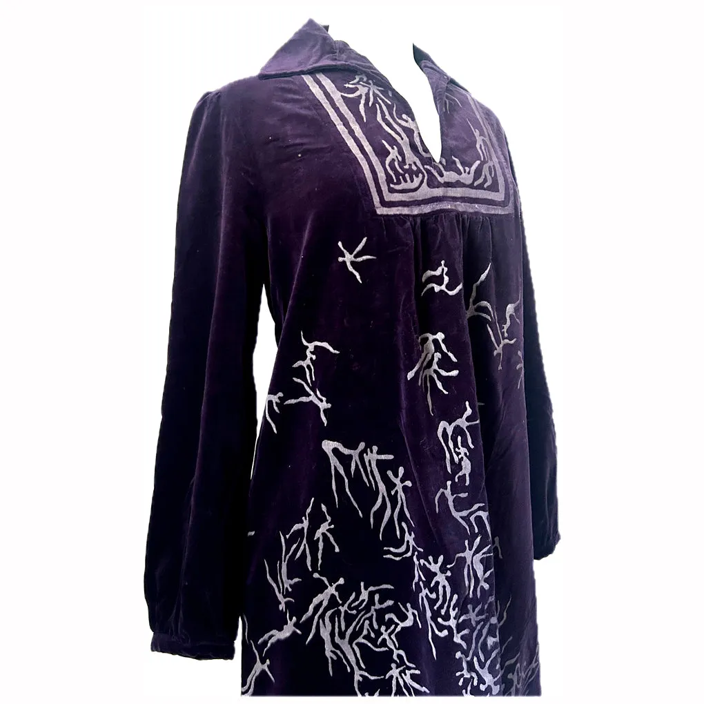 Kate Beaver designer vintage 1970s boho purple velvet hand-printed smock dress