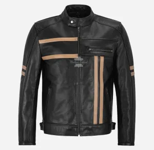 KENWORT MEN'S BLACK LEATHER BIKER JACKET Beige Stripes