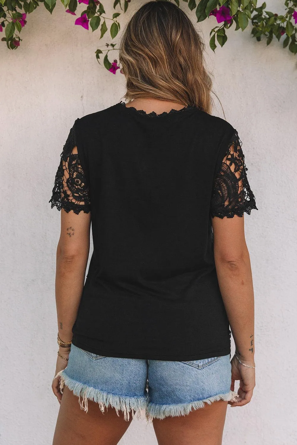 Lace Short Sleeve Summer Black Top for Women