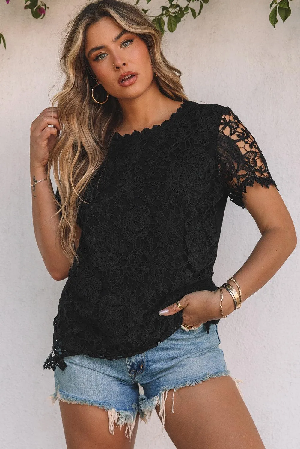 Lace Short Sleeve Summer Black Top for Women