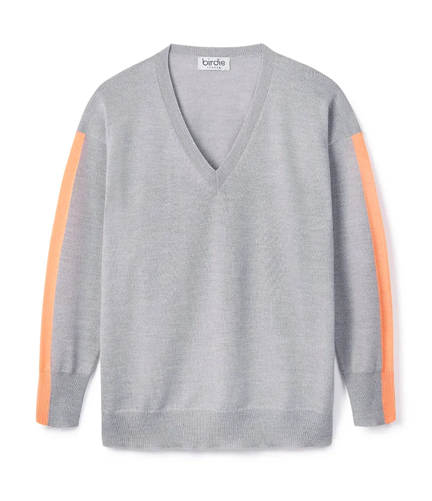 Ladies V Neck in mid grey & tangerine