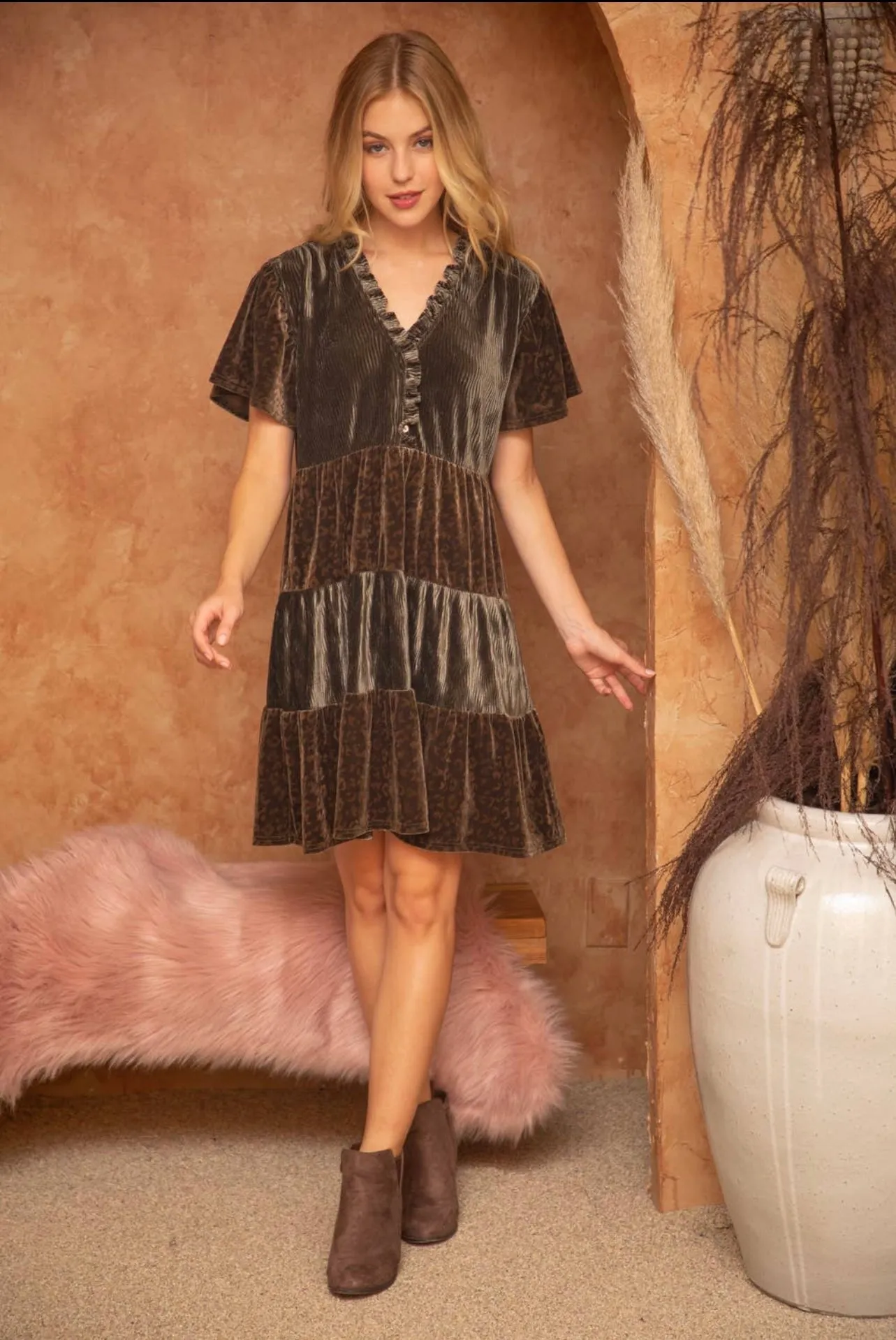 Leopard Velvet Mix Match Tiered Dress