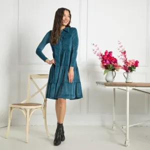 Libby Dress Teal Ribbed Velour