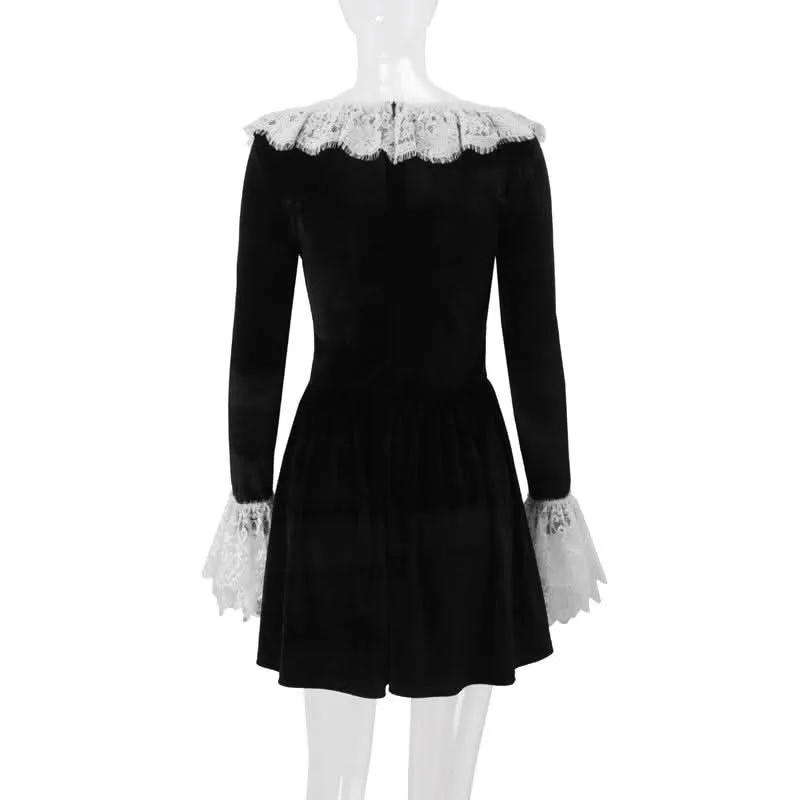 Long flared sleeve lace hem zip-up velvet mini dress