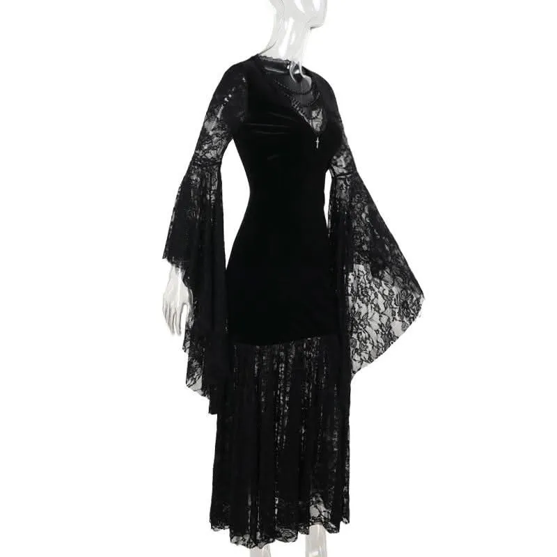 Long flared sleeve lace velvet beaded maxi dress