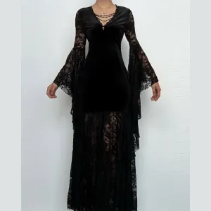 Long flared sleeve lace velvet beaded maxi dress