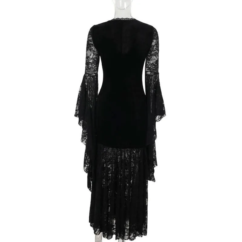 Long flared sleeve lace velvet beaded maxi dress