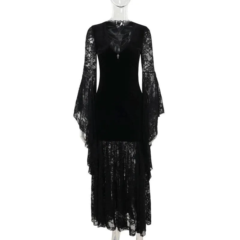 Long flared sleeve lace velvet beaded maxi dress