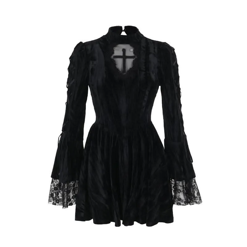 Long flared sleeve self tie velvet cross pattern mini dress