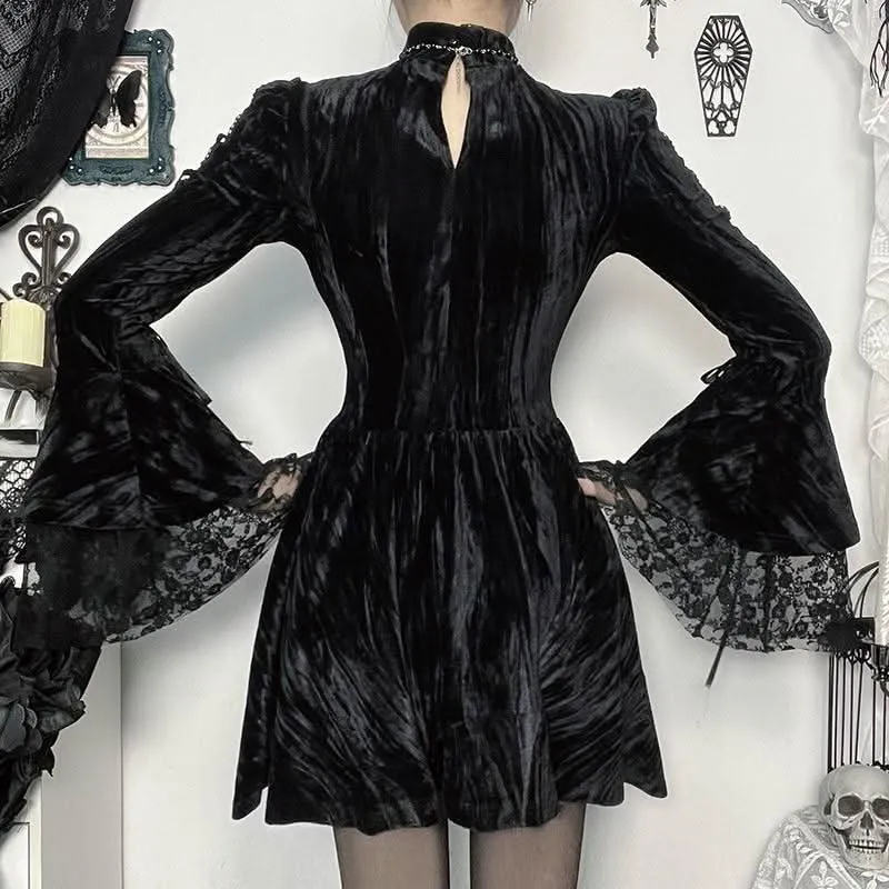 Long flared sleeve self tie velvet cross pattern mini dress