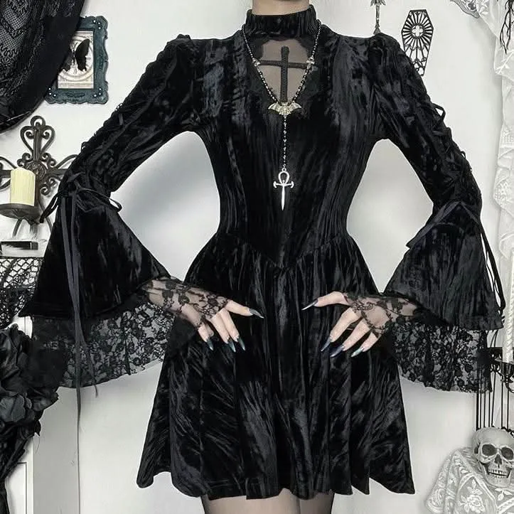 Long flared sleeve self tie velvet cross pattern mini dress