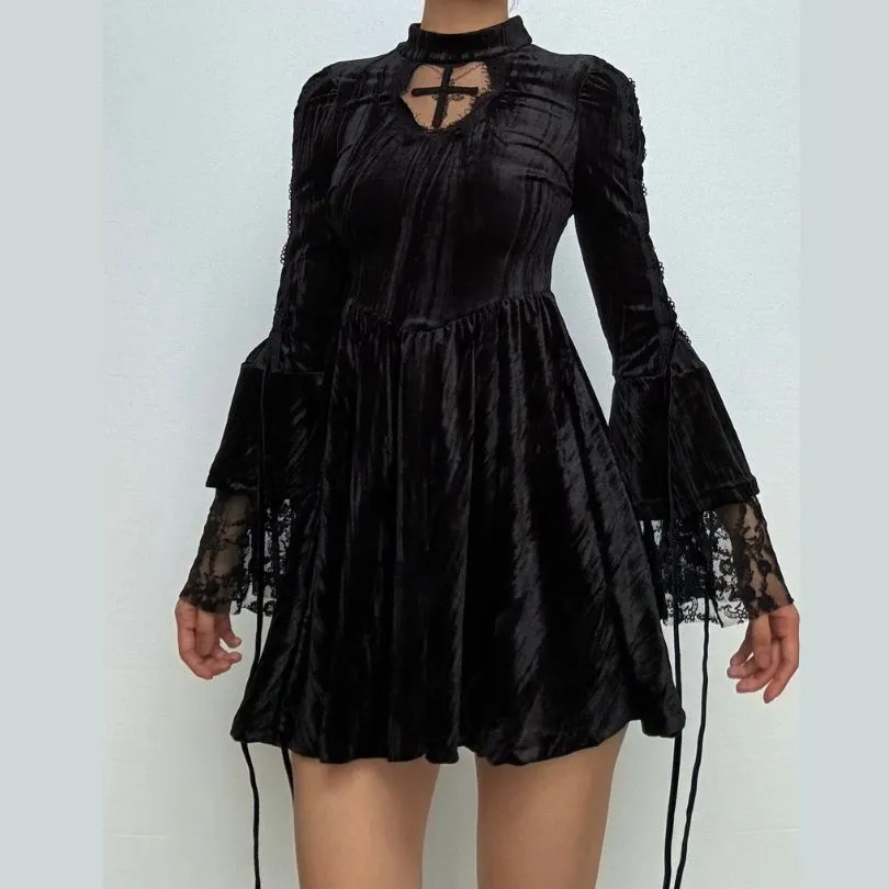 Long flared sleeve self tie velvet cross pattern mini dress