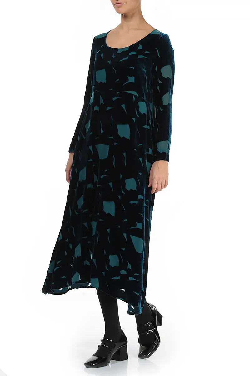 Long Sleeves Abstract Devoré Turquoise Silk Velvet Dress