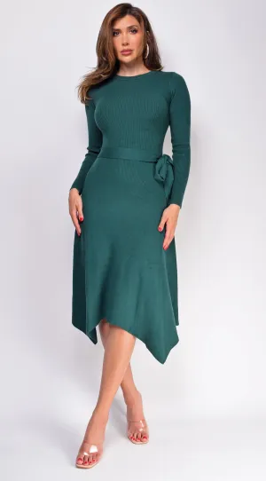 Lyia Green Ribbed Flare Sweater Midi Dress