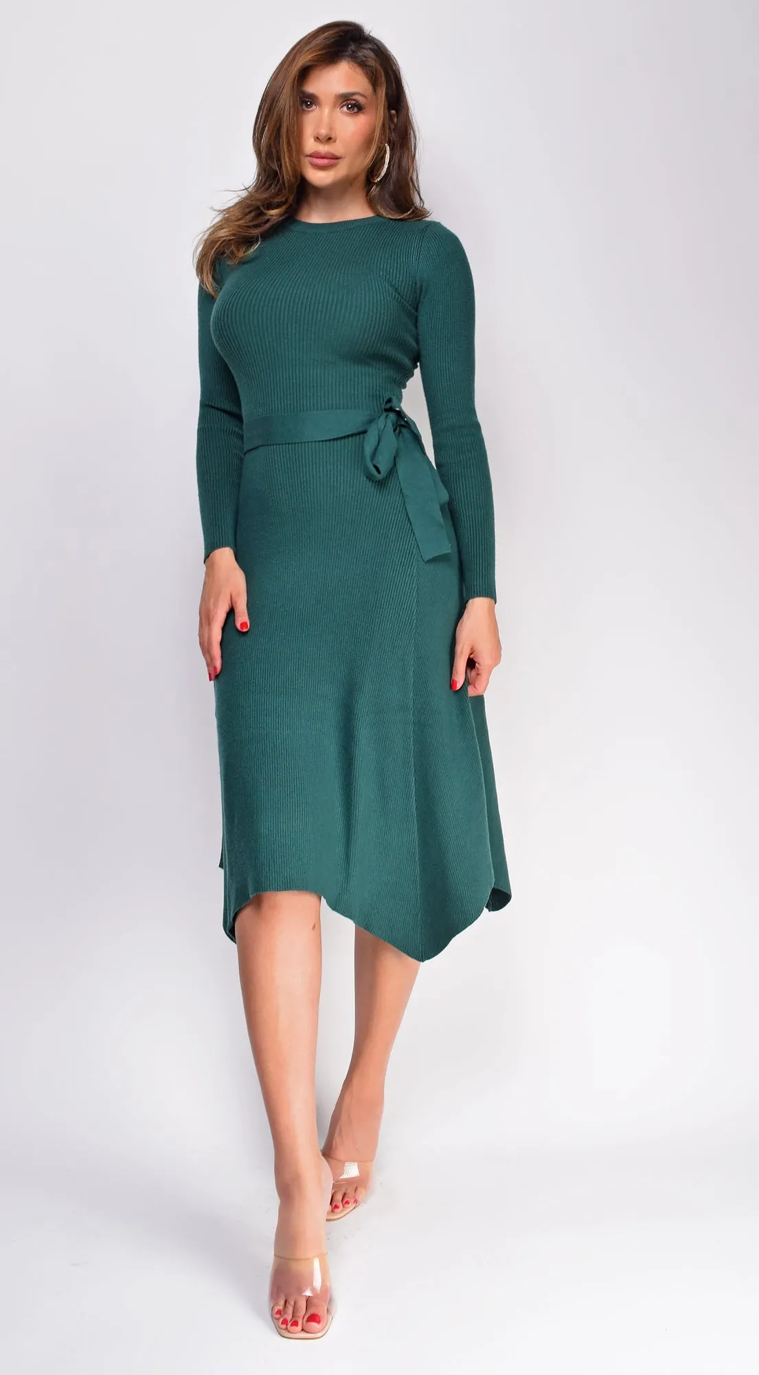 Lyia Green Ribbed Flare Sweater Midi Dress