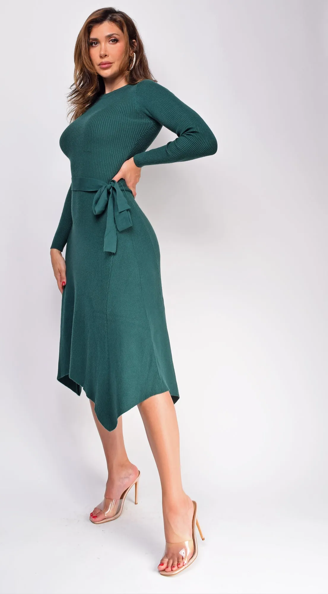 Lyia Green Ribbed Flare Sweater Midi Dress