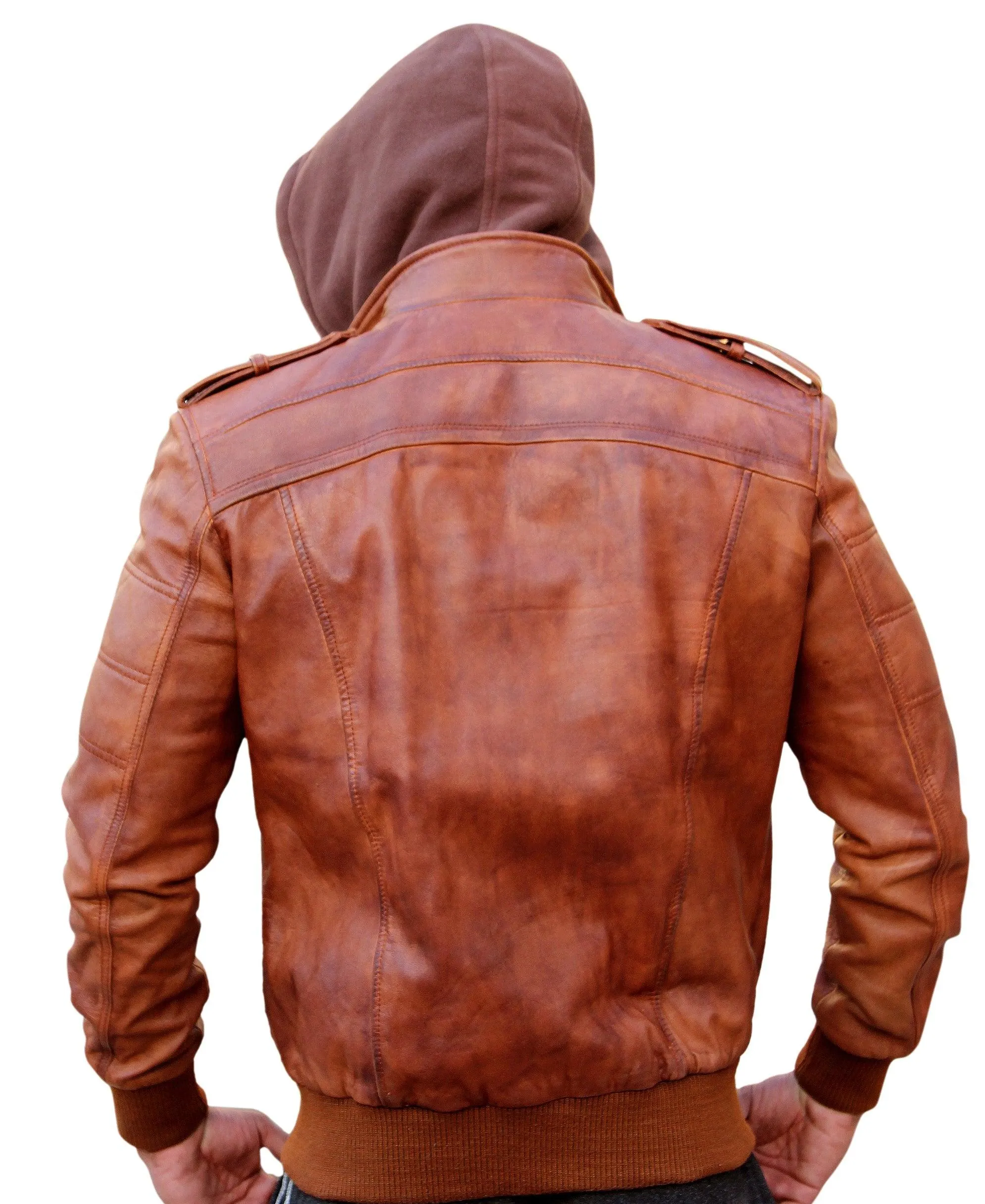 Men Leather Motorcycle Jacket with Removable Hood - Brown