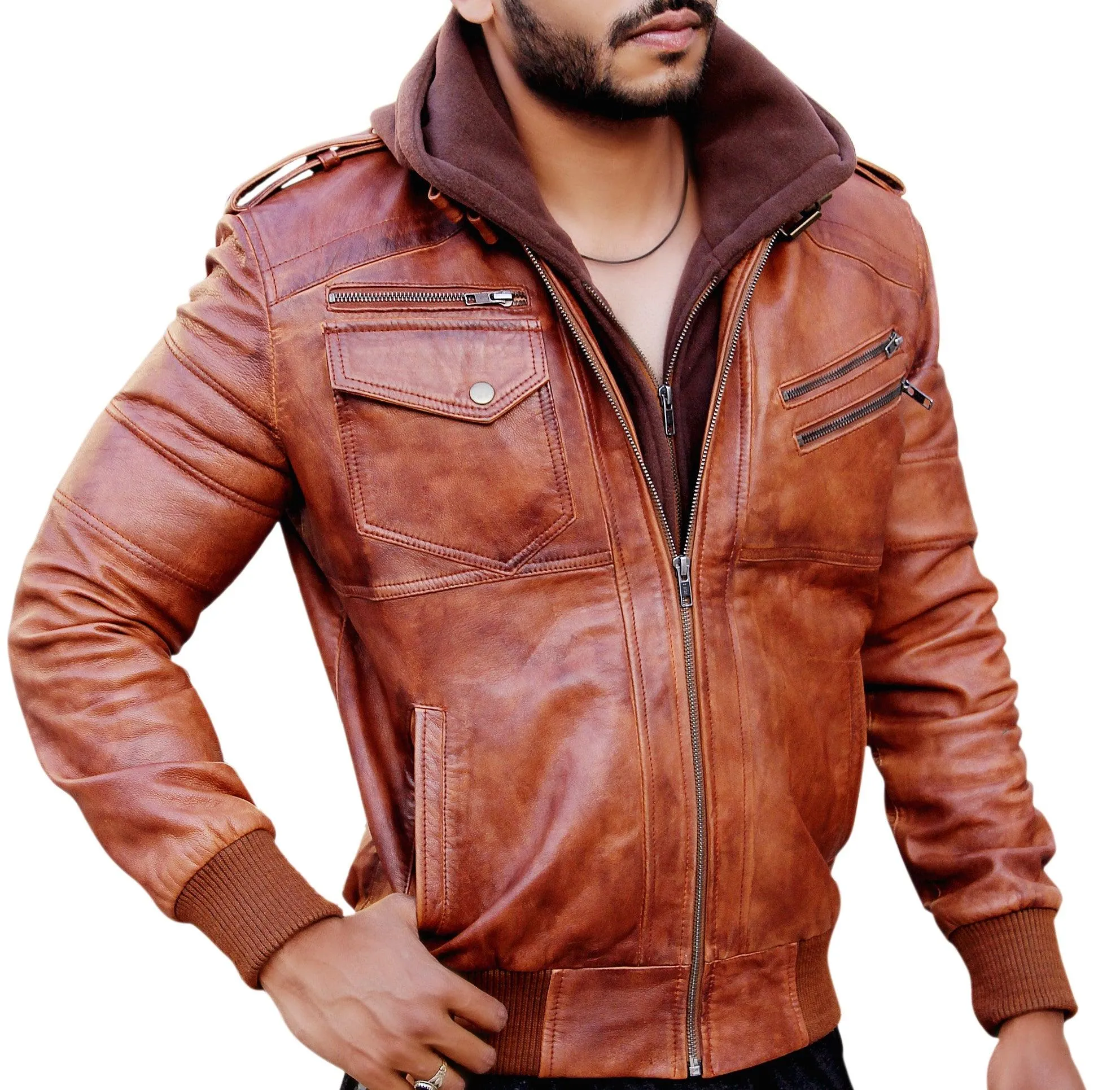 Men Leather Motorcycle Jacket with Removable Hood - Brown