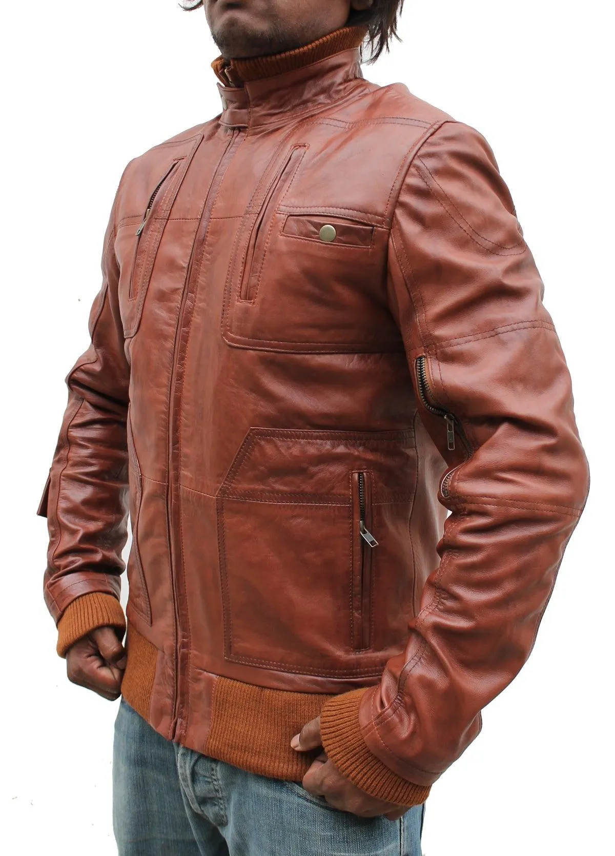 Men Vintage Biker Stylish Leather Jacket - Tan Brown