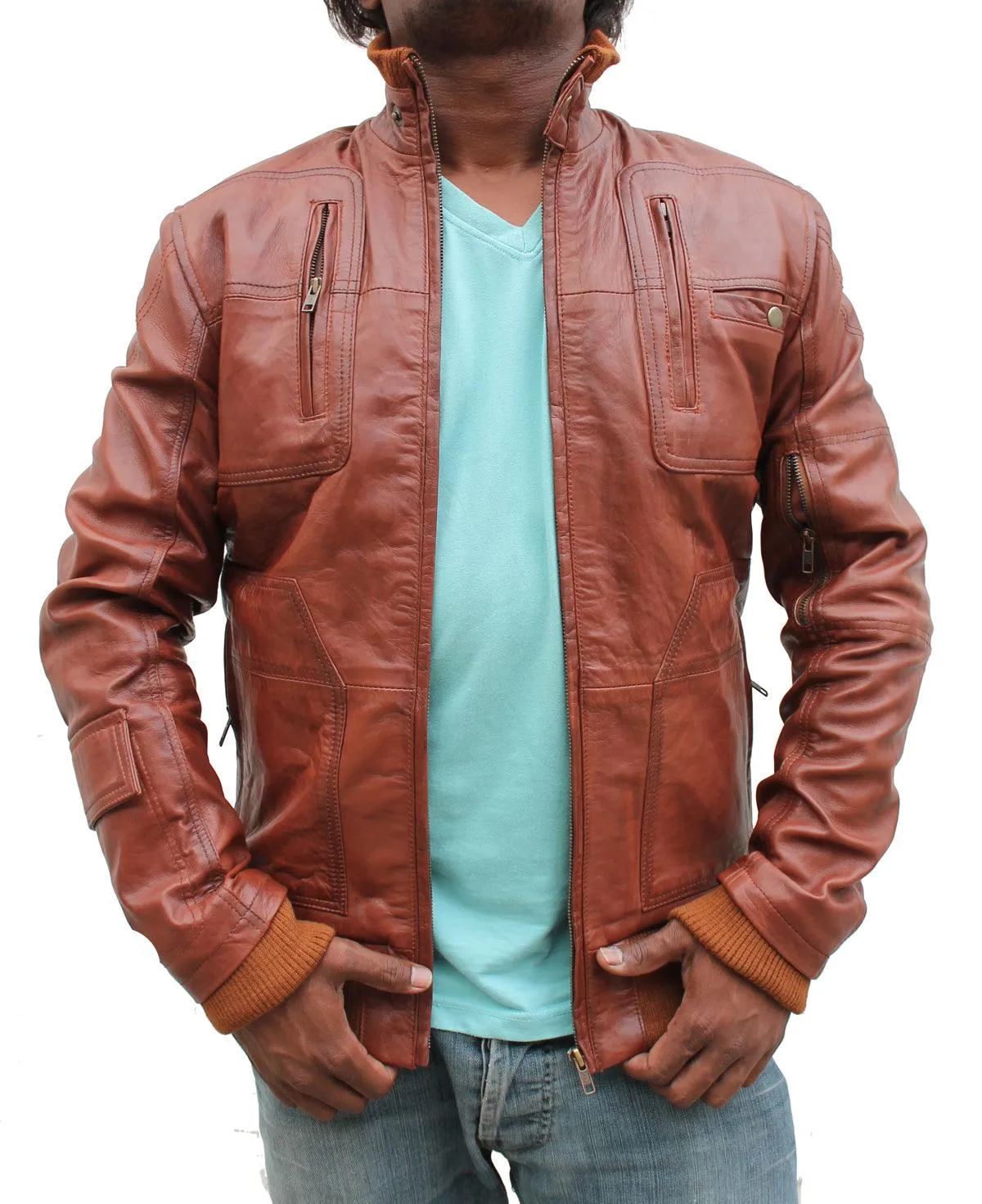 Men Vintage Biker Stylish Leather Jacket - Tan Brown