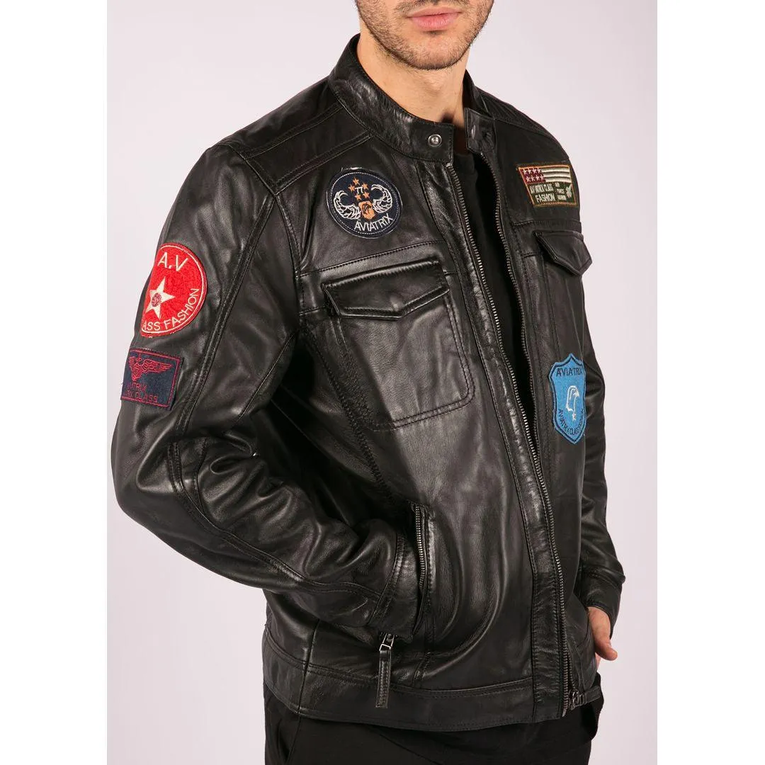 Mens Black Real Leather Zip Jacket Badge Design Racing US Pilot Casual