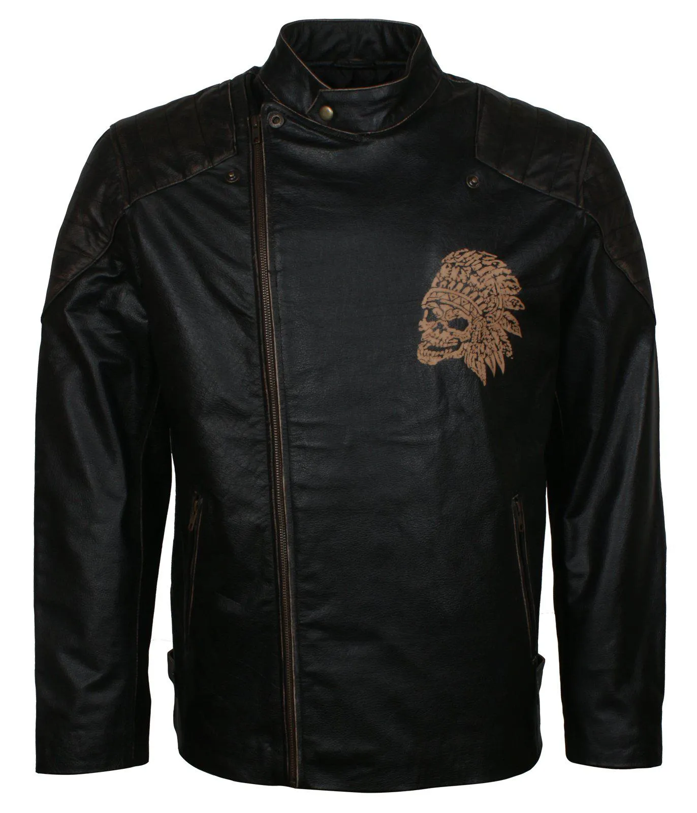 Men's Black Red Indian Skull Real Leather Biker Jacket