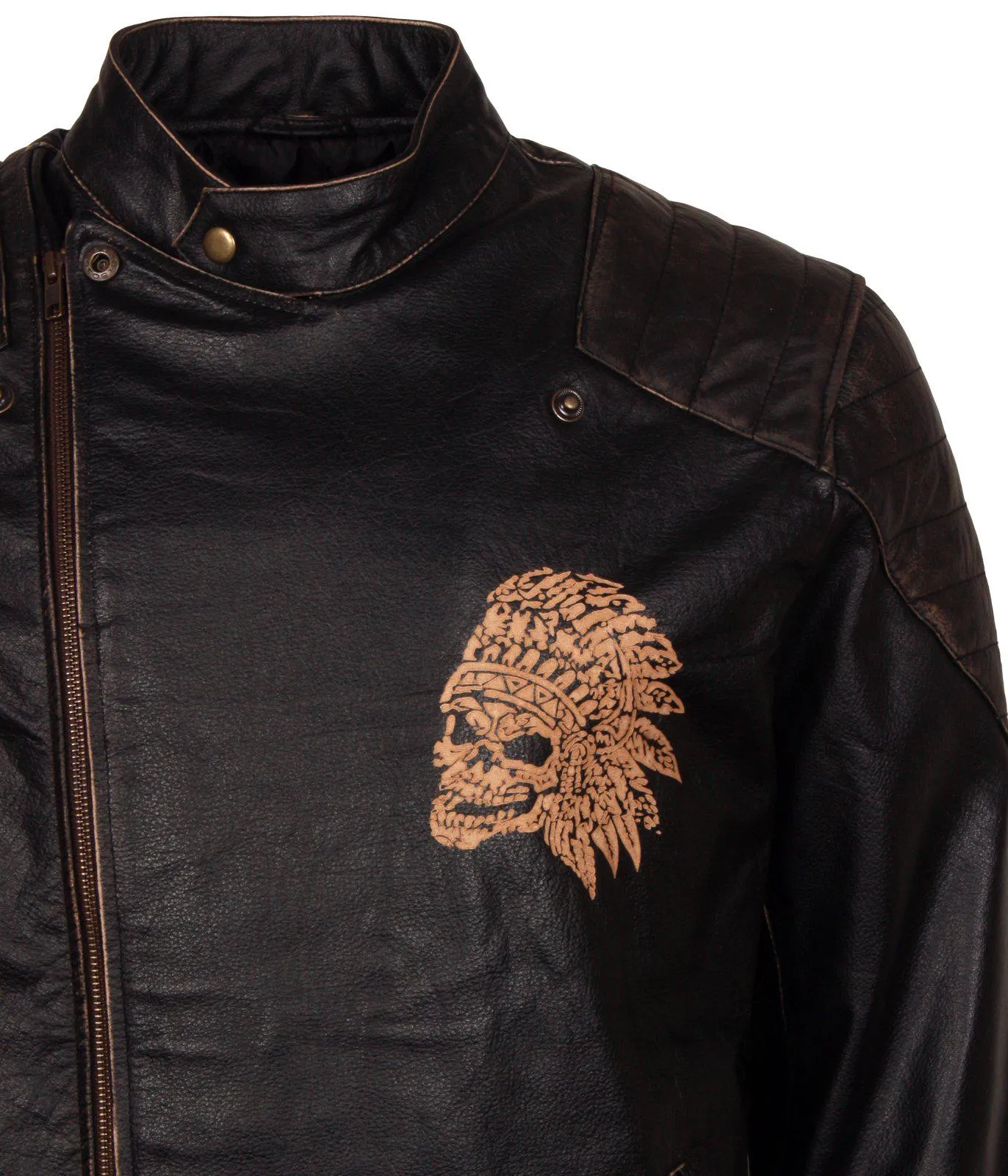 Men's Black Red Indian Skull Real Leather Biker Jacket