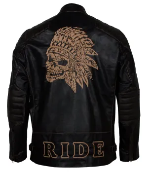 Men's Black Red Indian Skull Real Leather Biker Jacket