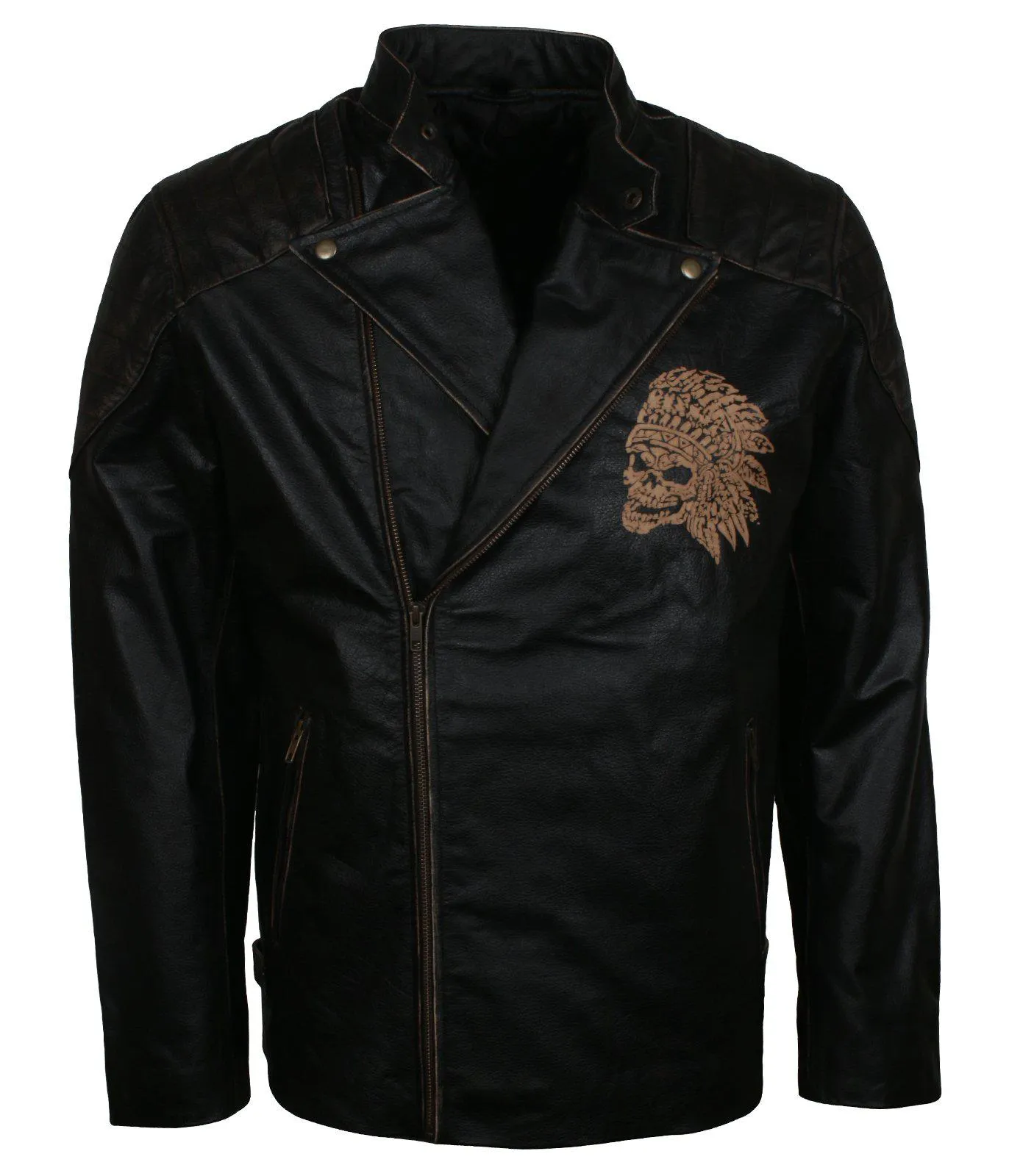 Men's Black Red Indian Skull Real Leather Biker Jacket