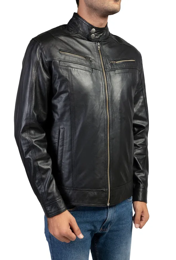 Mens Snap Tab Collar Button Leather Jacket