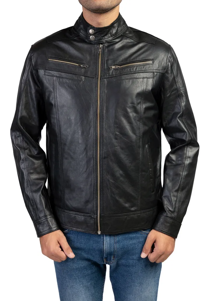 Mens Snap Tab Collar Button Leather Jacket