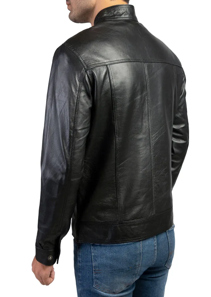 Mens Snap Tab Collar Button Leather Jacket