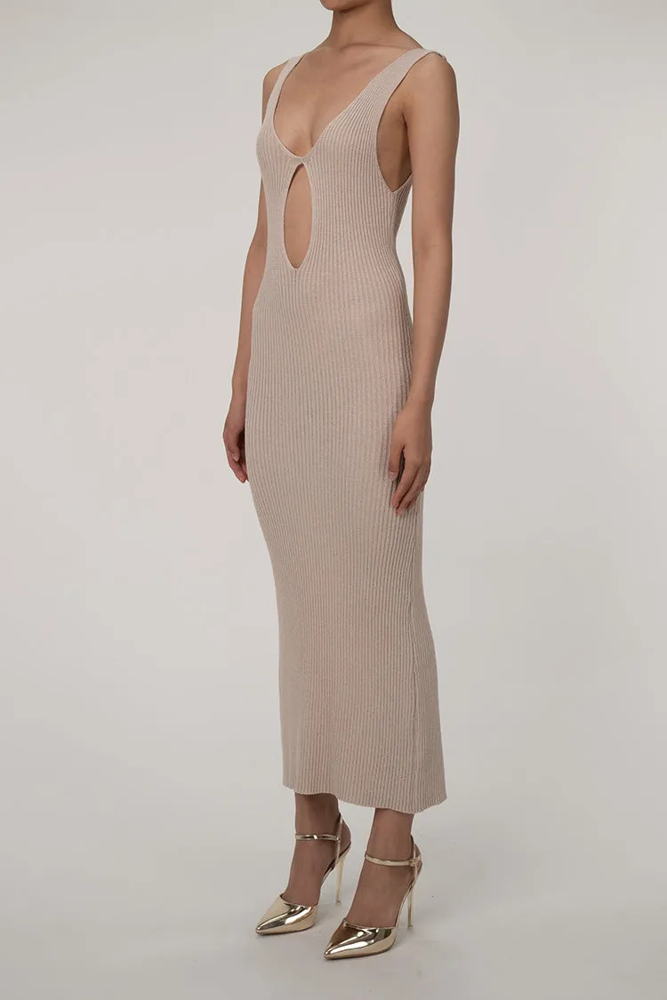 Minimalist Plunge Keyhole Cutout Ribbed Knit Sleeveless Sweater Midi Dress