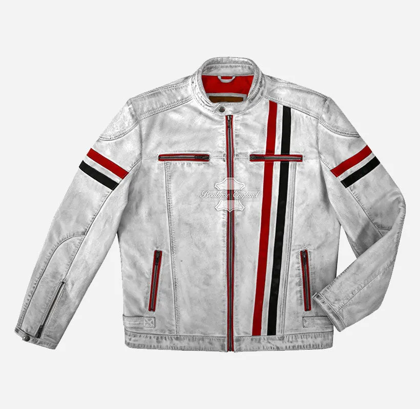 Mosta Leather Biker Jacket White Mens VIntage Stripes Leather Jacket