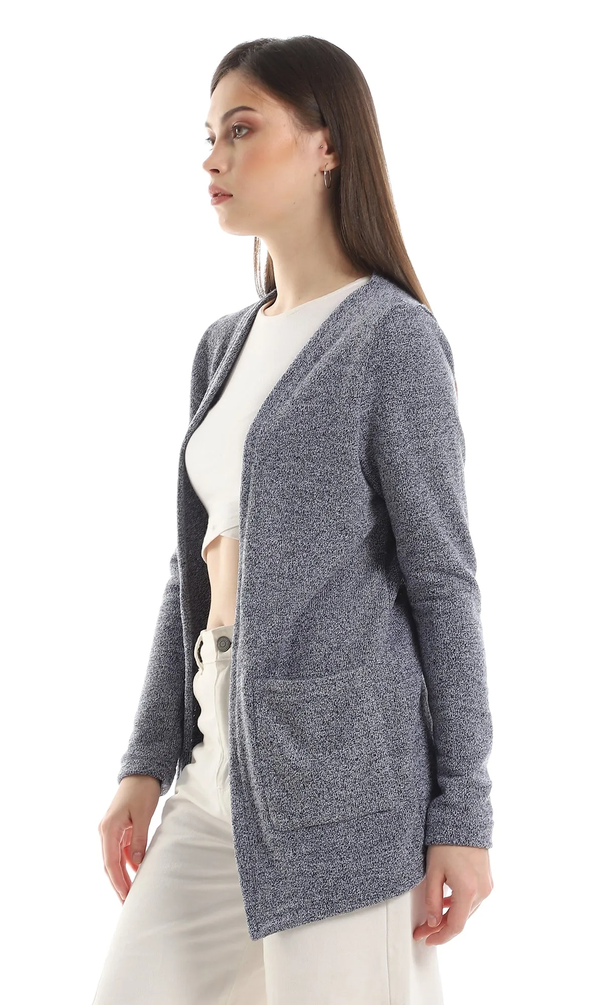 O153018 Heather Navy Blue Slip On Cardigan With Pockets