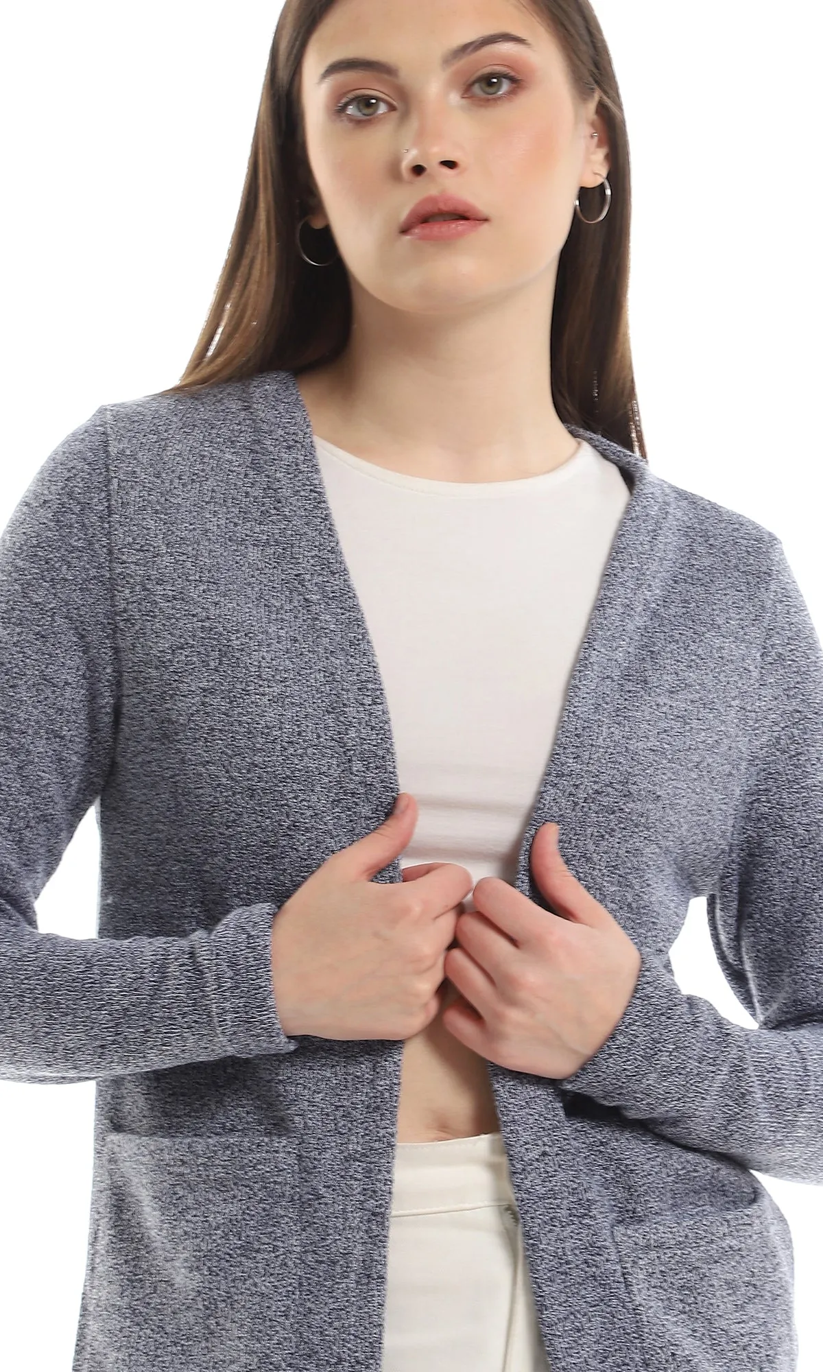 O153018 Heather Navy Blue Slip On Cardigan With Pockets