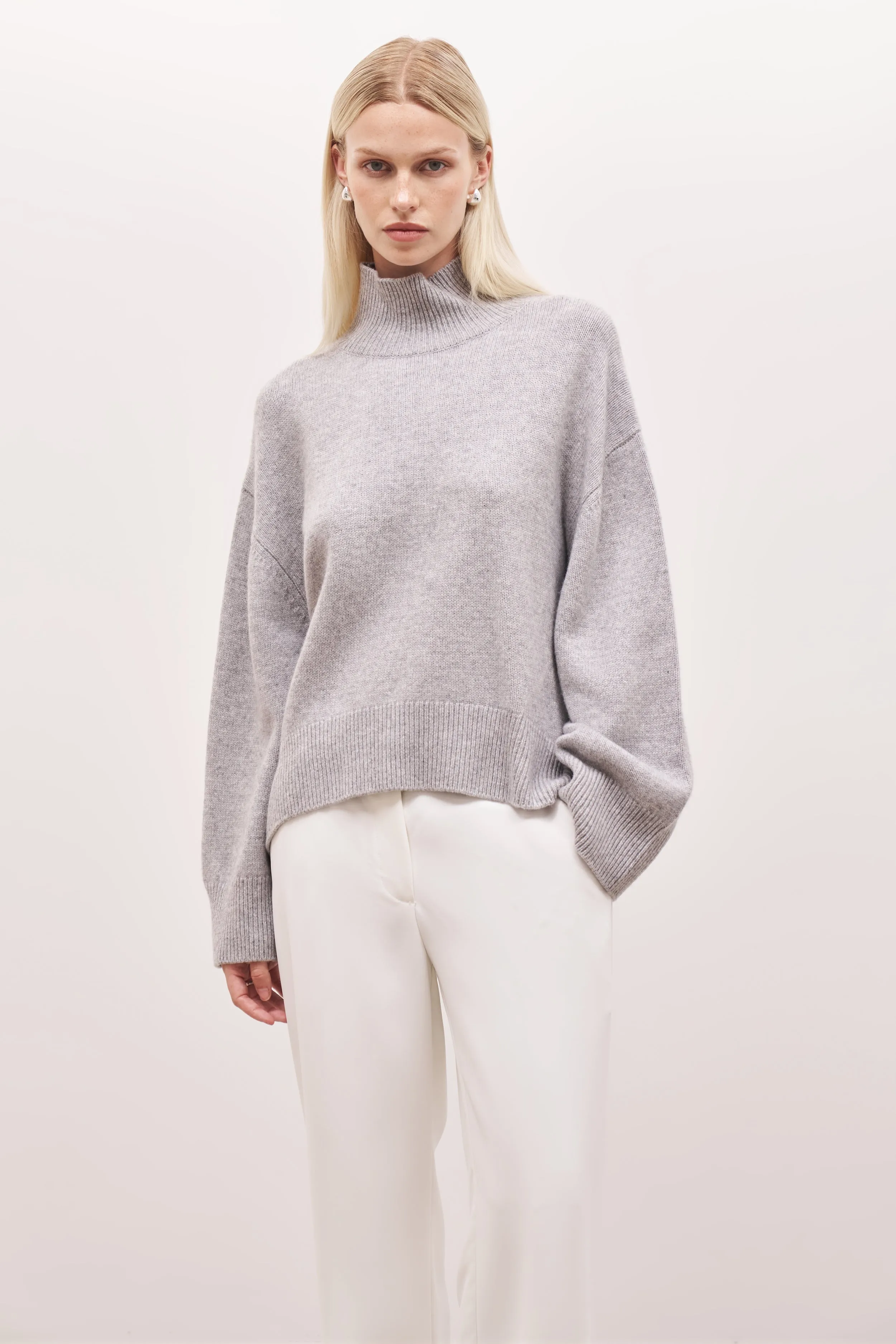 Relaxed High Neck Cashmere Blend Jumper - Grey Marl