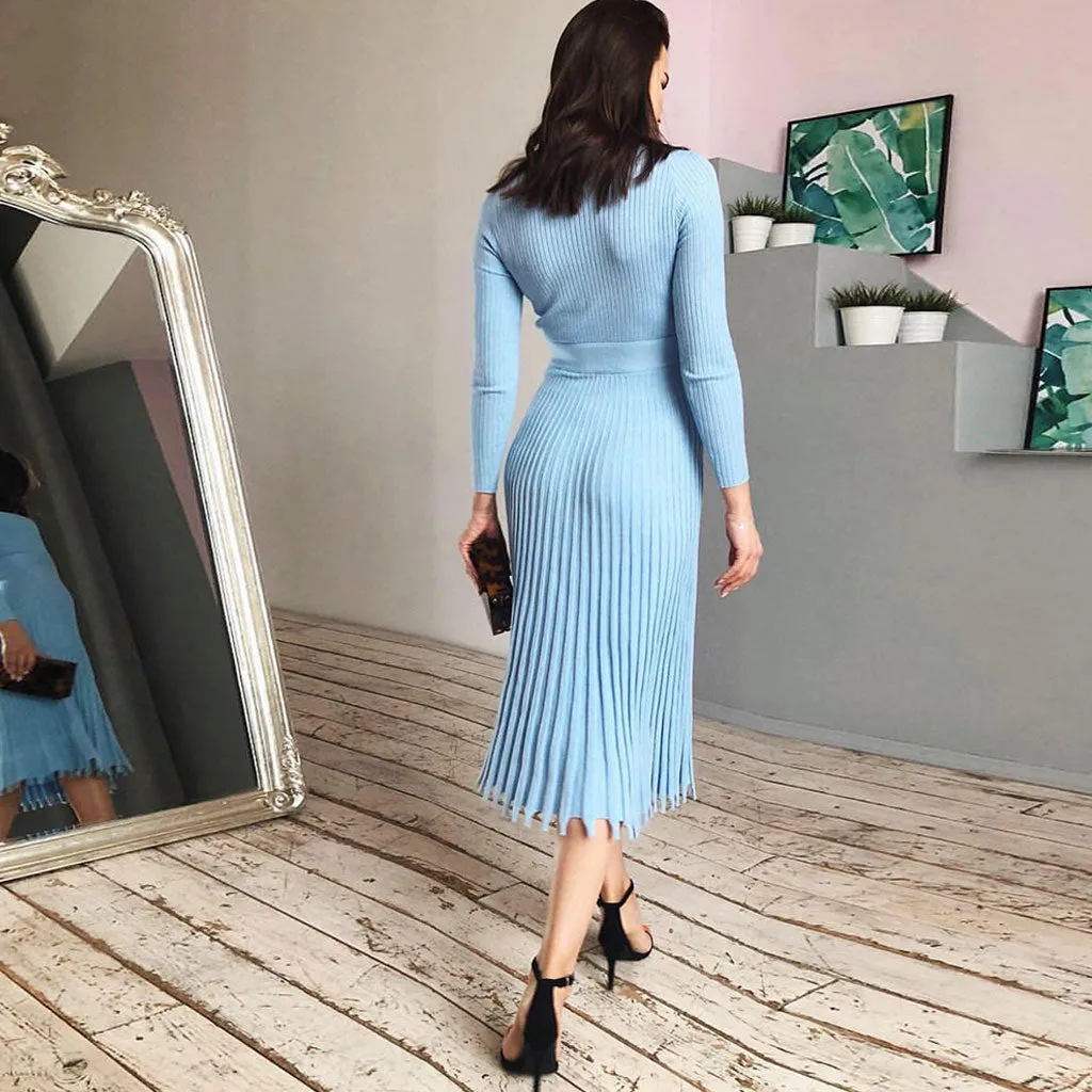 Ribbed Long Sleeve High Neck Knit Pleated Midi Sweater Dress - Blue