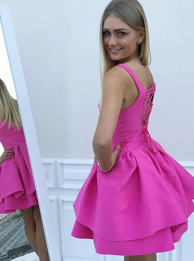 Sexy Eyelet Criss-Cross Back Fuchsia Short Satin Party Dress With Layers OC110